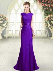 Dark Purple Backless Scoop Beading Prom Evening Gown Lace Sleeveless Sweep Train