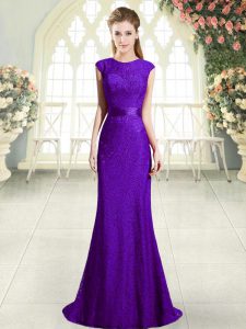 Dark Purple Backless Scoop Beading Prom Evening Gown Lace Sleeveless Sweep Train