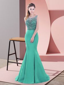 Scoop Sleeveless Sweep Train Backless Juniors Evening Dress Turquoise Satin