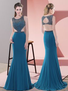 Blue Sleeveless Beading Backless Prom Party Dress