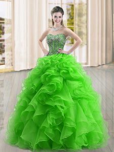 Smart Floor Length Lace Up Quince Ball Gowns Green for Military Ball and Sweet 16 and Quinceanera with Beading and Ruffles