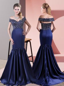 Exquisite Blue Prom Evening Gown Prom and Party with Beading Off The Shoulder Sleeveless Sweep Train Zipper