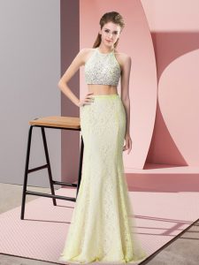 Glamorous Light Yellow Halter Top Neckline Beading Sleeveless Backless