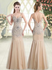 Champagne Tulle Zipper Spaghetti Straps Sleeveless Floor Length Prom Evening Gown Beading