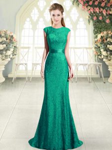 Vintage Turquoise Prom Dresses Prom and Party with Beading and Lace Scoop Cap Sleeves Sweep Train Backless