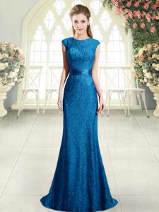 Traditional Blue Scoop Neckline Beading and Lace Prom Evening Gown Cap Sleeves Backless