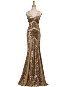 Excellent Brown Mermaid V-neck Sleeveless Sequined Sweep Train Backless Ruching Homecoming Dress