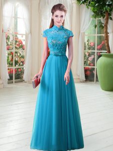 Aqua Blue Prom Gown Prom with Appliques High-neck Cap Sleeves Lace Up