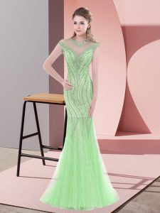 Romantic Apple Green Mermaid Beading Prom Dress Zipper Tulle Cap Sleeves