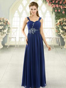 Fitting Blue Lace Up Prom Dress Beading and Ruching Sleeveless Floor Length