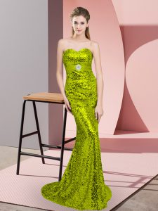 Apple Green Sleeveless Sequined Sweep Train Lace Up Prom Evening Gown for Prom and Party and Military Ball