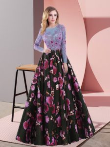 Superior Printed Scoop Long Sleeves Lace Up Embroidery Evening Dress in Multi-color