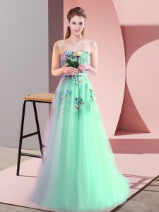 Ideal Sleeveless Tulle Floor Length Lace Up Prom Gown in Apple Green with Appliques