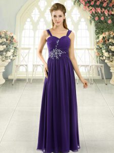 Purple Spaghetti Straps Lace Up Beading and Ruching Evening Dress Sleeveless