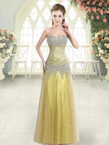 Gold Sleeveless Floor Length Beading Zipper Prom Dresses