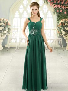Green Chiffon Lace Up Prom Dresses Sleeveless Beading and Ruching