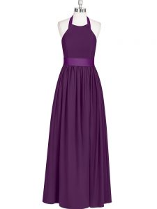 Eggplant Purple Sleeveless Floor Length Ruching Zipper Dress for Prom
