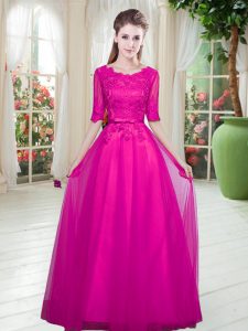 Cheap Half Sleeves Floor Length Lace Lace Up Prom Party Dress with Fuchsia
