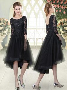 Super Scoop Half Sleeves Lace Up Homecoming Dress Black Tulle