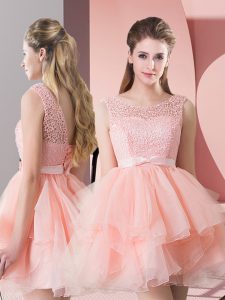 Sexy Pink A-line Lace Prom Party Dress Lace Up Organza Sleeveless