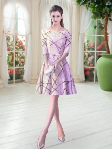 Ruching Prom Gown Lilac Lace Up Half Sleeves Knee Length