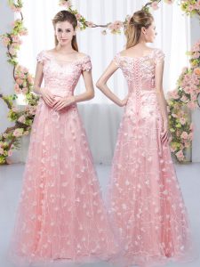 Pink Damas Dress Prom and Party and Wedding Party with Appliques Off The Shoulder Cap Sleeves Lace Up