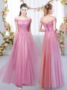 Pink Sleeveless Lace Floor Length Vestidos de Damas