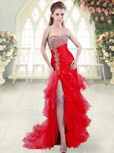 Nice Sleeveless Brush Train Lace Up Beading and Ruffled Layers Prom Gown