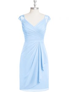 Exquisite Knee Length Zipper Prom Party Dress Light Blue for Prom and Party and Military Ball with Appliques and Ruching