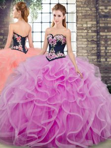 Lilac Tulle Lace Up Sweet 16 Dresses Sleeveless Sweep Train Embroidery and Ruffles