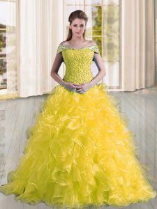 Edgy Off The Shoulder Sleeveless Sweep Train Lace Up Ball Gown Prom Dress Yellow Organza