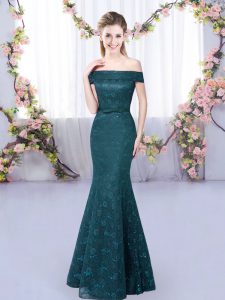 Pretty Sleeveless Floor Length Lace Up Quinceanera Court of Honor Dress in Peacock Green with Lace
