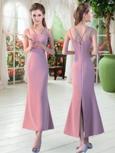 Pink Evening Gowns Prom and Party with Ruching Straps Sleeveless Zipper