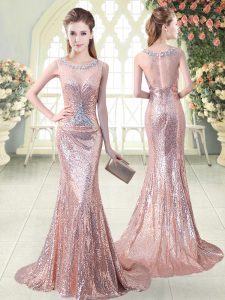 Sleeveless Sequined Brush Train Zipper Prom Evening Gown in Pink with Beading