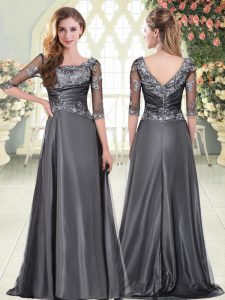 Customized Grey A-line Sweetheart Half Sleeves Satin Sweep Train Zipper Beading and Lace