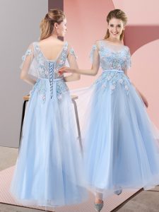 Light Blue Scoop Lace Up Appliques Evening Dress Short Sleeves