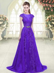 Perfect Tulle Scoop Cap Sleeves Brush Train Zipper Lace and Appliques Dress for Prom in Purple