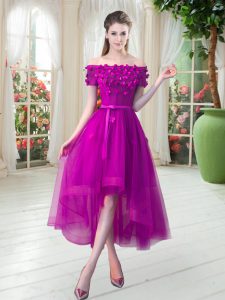 Dramatic Short Sleeves High Low Appliques Lace Up Evening Dress with Fuchsia