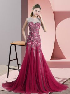 Red Dress for Prom Scoop Sleeveless Sweep Train Backless