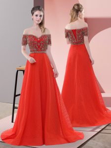 Fine Off The Shoulder Short Sleeves Sweep Train Lace Up Prom Gown Red