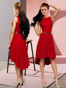 Red Scoop Neckline Belt Prom Dress Sleeveless Lace Up