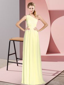 Yellow Chiffon Lace Up One Shoulder Sleeveless Floor Length Prom Dress Ruching