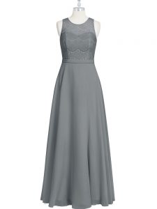 Excellent Sleeveless Chiffon Floor Length Zipper Homecoming Dress in Grey with Lace and Appliques and Belt