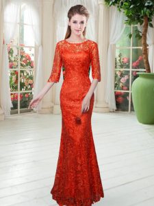 Modern Lace Prom Gown Orange Red Zipper Half Sleeves Floor Length