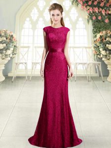 Red Cap Sleeves Sweep Train Beading and Lace Prom Evening Gown