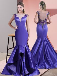 Hot Selling Purple Side Zipper Scoop Beading and Appliques Evening Dress Satin Sleeveless Sweep Train
