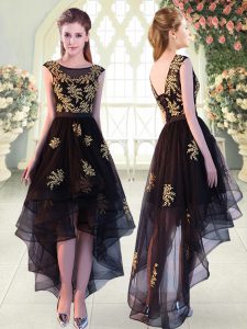 Sophisticated Black Tulle Lace Up Homecoming Dress Cap Sleeves High Low Appliques