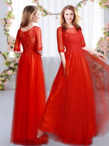 Red Scoop Zipper Lace Dama Dress Half Sleeves