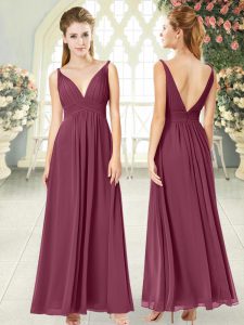 Ankle Length Burgundy Chiffon Sleeveless Ruching