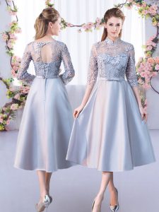 Luxurious Silver A-line High-neck Half Sleeves Satin Tea Length Lace Up Lace Dama Dress for Quinceanera